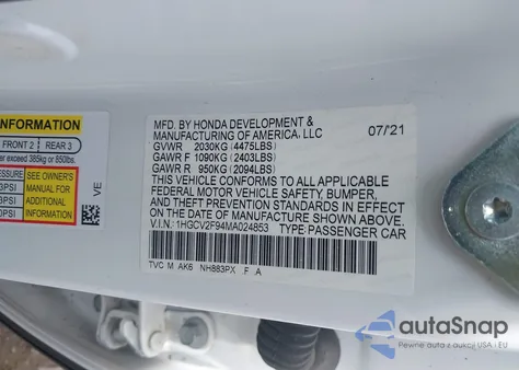 2021 Honda Accord Touring z USA, uszkodzony, nr VIN 1HGCV2F94MA024853